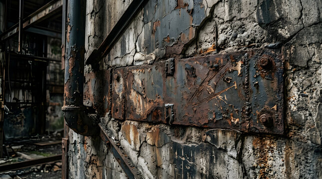 Rusty metal plate bolted to weathered industrial wall.