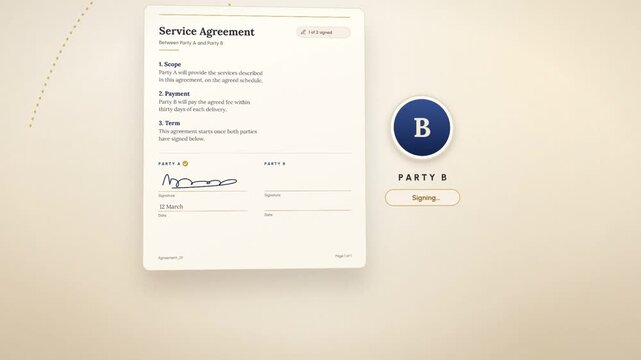 Contract signing between two parties, each adding a signature before a completed stamp seals the agreement