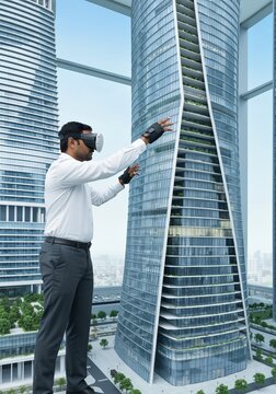 Architect walking through a full-scale VR model of a future building, tweaking details