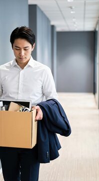 Fired businessman walking down office corridor holding box of belongings. Sad Asian man carrying cardboard box after layoff