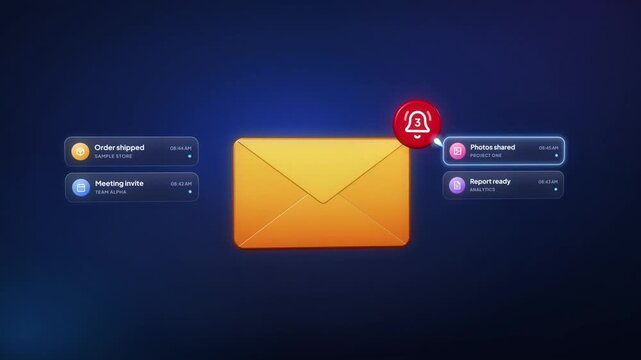 Email notification animation, yellow envelope gathers message alerts with bell badge and opens to a new letter