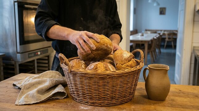 Freshly baked bread for catholic christmas celebrations served in a wicker basket by a dedicated caretaker of traditional bakery arts
