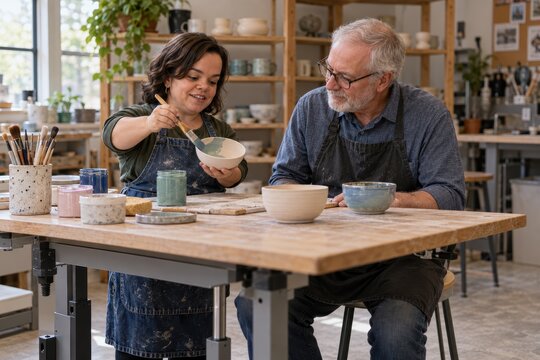 Senior man and young woman with dwarfism working together in a pottery workshop