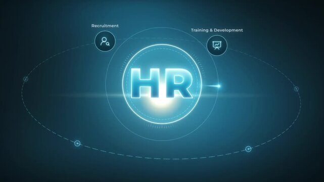 Holographic HR hub animation with recruitment, training, payroll and employee relations icons on an orbit