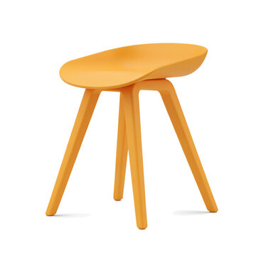 Modern yellow stool with curved seat and three tapered legs, isolated on transparent background