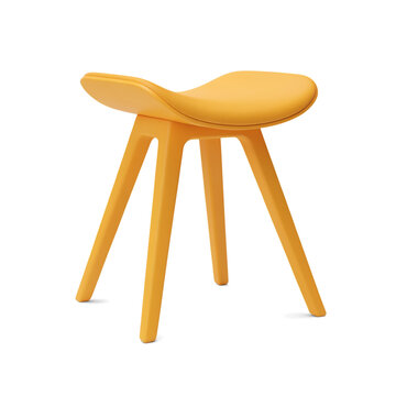 Modern yellow stool with curved seat and three tapered legs, isolated on transparent background