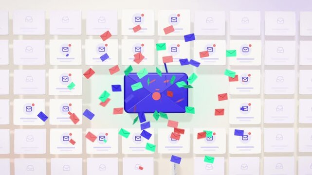 Send button launches an email marketing campaign as envelopes fill an inbox grid and open and click rates rise