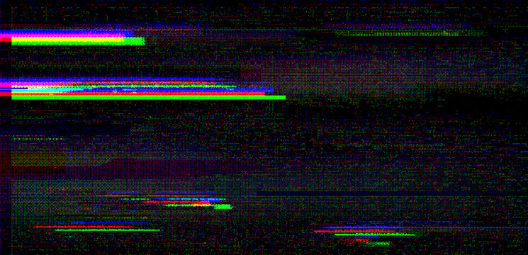 CRT static texture overlay on black: crt glitch overlay with colored pixels dither, RGB horizontal signal distortion streaks, dark retro monitor screen noise background
