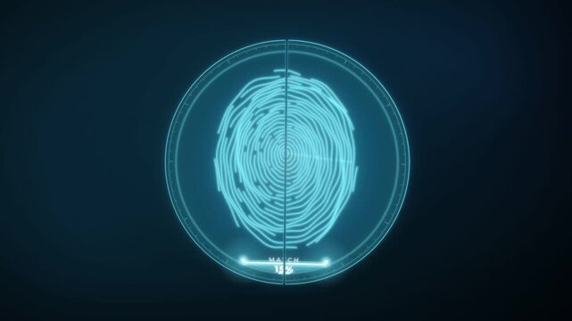 Fingerprint scan animation, hologram print is verified and splits open to an unlocked padlock, access granted