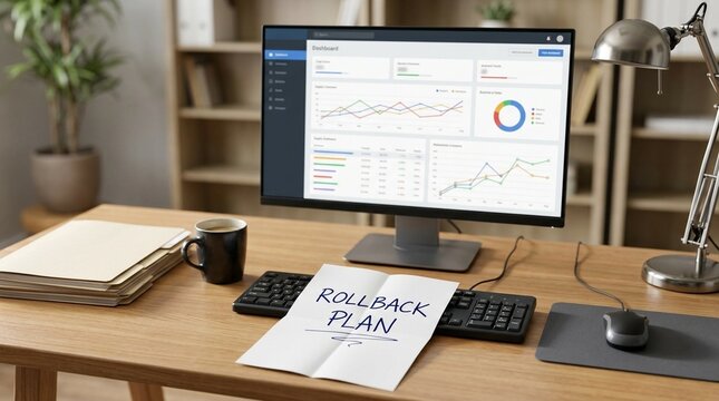 Supply chain software desk with folded rollback plan, IT contingency and system recovery planning concept