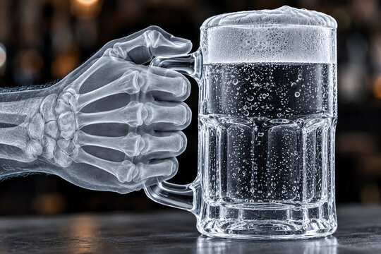 X-ray skeleton hand holding frosty beer mug with foam on bar counter