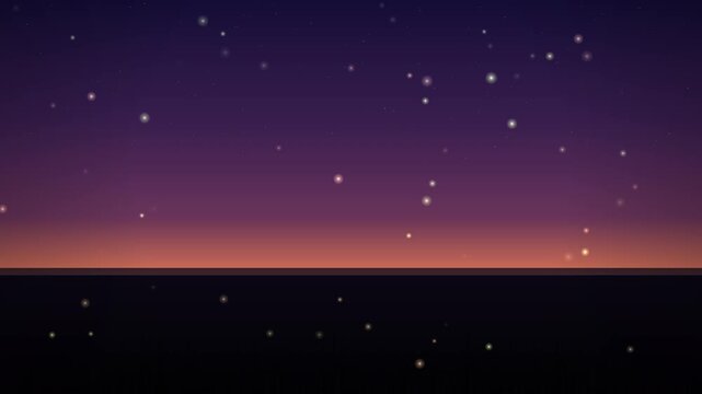 A minimalist digital illustration featuring a starry night sky with a soft gradient sunset horizon over a dark landscape background