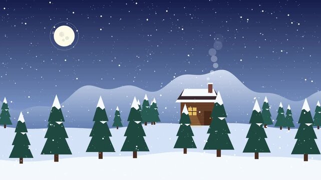 A serene flat vector illustration featuring a cozy log cabin nestled within a snowy pine forest under a night moon.