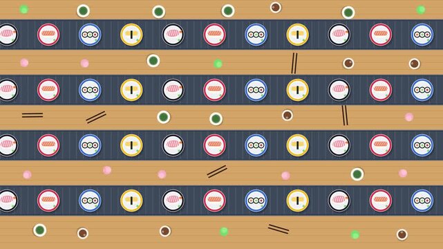 A top down view of a sushi restaurant conveyor belt with various colorful plates and scattered ingredients for dining patrons