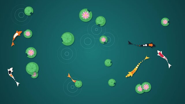 A top down view of a dark teal pond featuring stylized koi fish swimming peacefully among blooming pink water lily