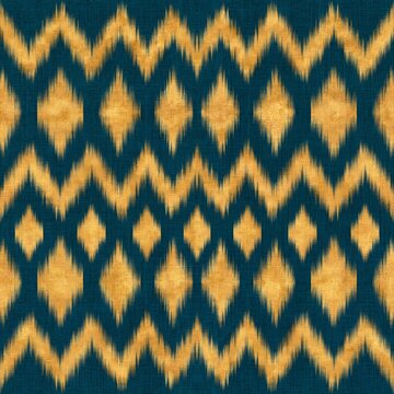 Teal and gold ikat weave pattern with feathered diamond and zigzag motifs, staggered rows on deep teal, bohemian woven textile design for fabric and phone cases
