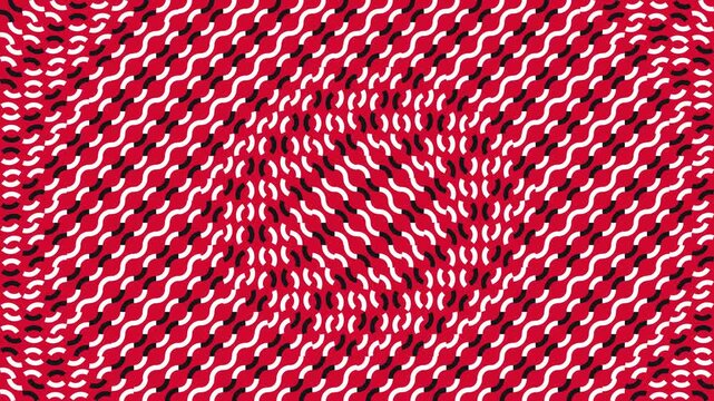 Abstract optical illusion graphic featuring a pattern of wavy white lines on a red background creating a dynamic visual effect