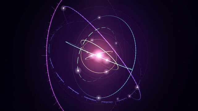 Abstract science background with a glowing atom model showing orbiting particles and circular digital rings against a deep dark background