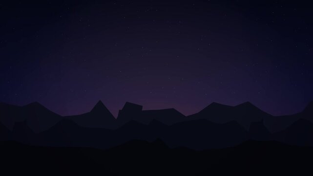 Minimalist digital illustration of mountain ranges at night with deep purple gradients and soft dark silhouettes against the evening sky