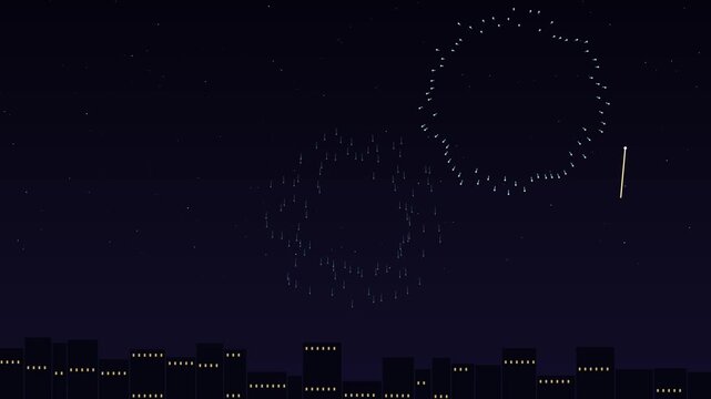 Minimalist digital illustration showing stylized fireworks exploding above a simple silhouette of a modern city skyline at deep dark night