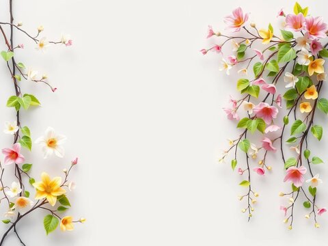 Whimsical blooming vines adorn a soft gray background, geometric, vintage