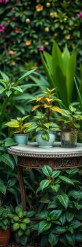 Vintage-inspired plant table amidst lush greenery, whimsical, ceramics