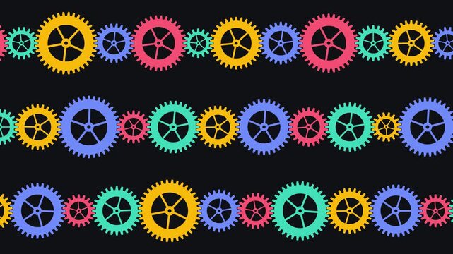 Three rows of colorful interlocking gear symbols organized in a horizontal pattern against a solid dark black background graphic design