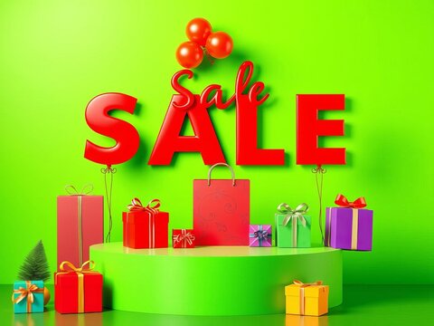 Promotion sale with podium gifts shopping bag balloon on green background, Sales, Discounts