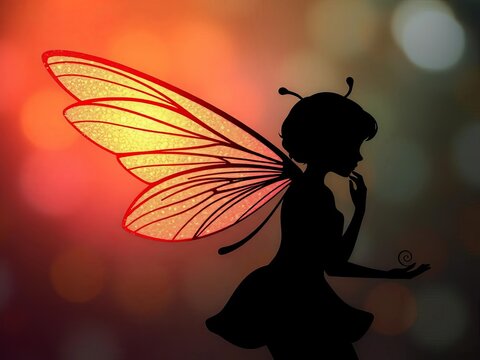 Delicate fairy silhouette with flowing wings and gentle expression, outline, illustration