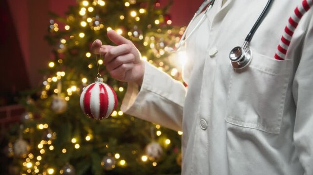 Neurosurgeon Doctor Wishes Merry Christmas in Front of the Tree at the Hospital