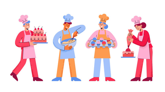 Professional Pastry Chefs Team diverse bakers in colorful uniforms preparing cakes and cupcakes on white background ideal for bakery branding and culinary school advertisements.