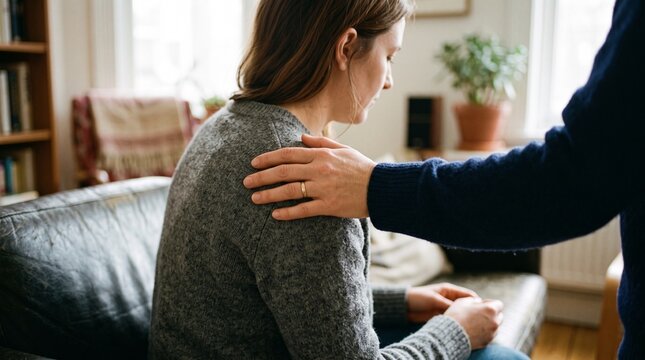 Comforting Hand: A woman sits with her head bowed, a hand gently resting on her shoulder in a gesture of support and empathy, creating a scene of solace and understanding.