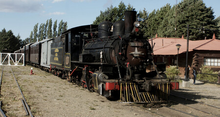 La Trochita, Argentina's historic narrow gauge steam locomotive, stands on railway tracks in El Maitén, Patagonia, showcasing vintage engineering and railway heritage. © Patagonia pics