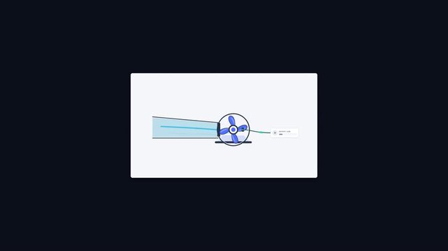 Fluid dynamics diagram showing airflow through a tunnel with spinning turbine fan and electrical generation