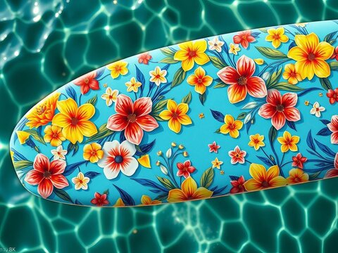 Vibrant floral patterns dance across a surfboard's surface, blending oceanic blues with sun-kissed yellows, colorful, shore