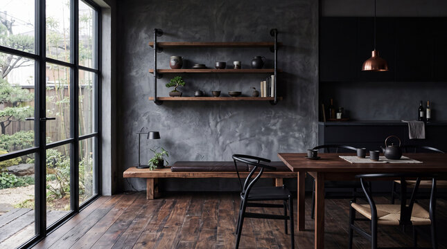 Modern Japanese Style Dining Room with Mortar Wall Solid Wood Table and Garden View モルタル壁と無垢材家具が調和する庭の見えるシックな和モダンインテリア