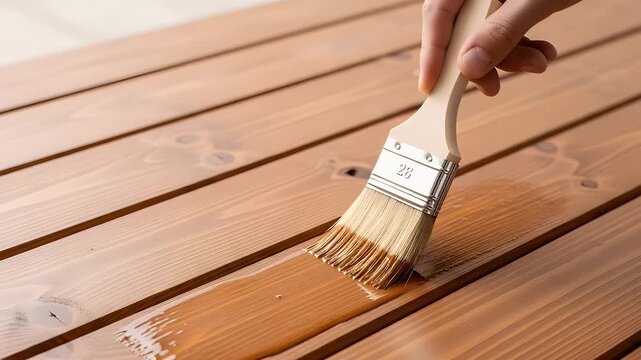 Close-up of a hand applying protective wood stain to natural timber planks for home improvement and maintenance.