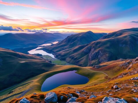 Snowdonia National Park landscape at sunset with Llyn Llydaw Lake in the foreground, ||misty mountains, mountain scenery