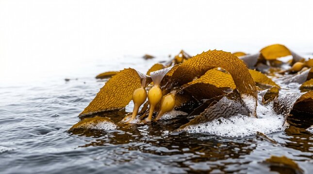 Golden Kelp Seaweed Floating in Ocean Waves, Natural Texture