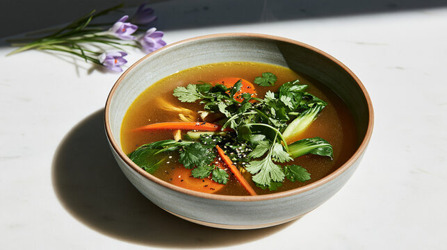 Vegetable soup with fresh herbs in ceramic bowl on white table  