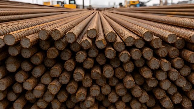Close-up of stacked rusty steel rebar rods at a construction site, captured with a smooth panning motion.