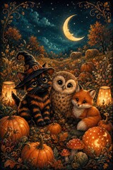Fototapeta premium Whimsical Halloween woodland scene with cat, owl, fox and pumpkins