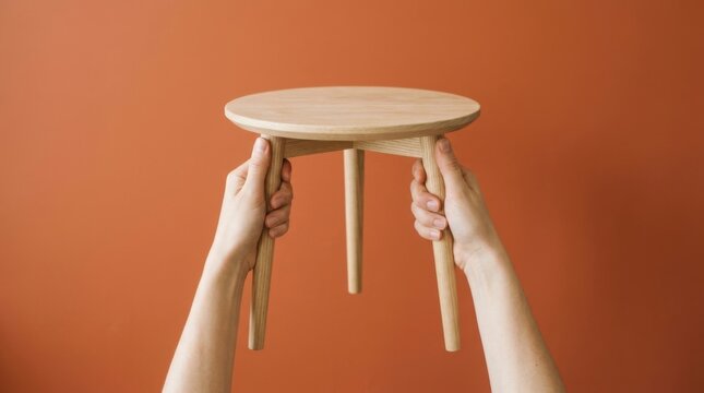 Minimalist Wooden Stool Held Up By Two Hands Against Orange Wall.