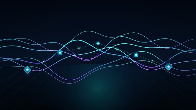Technology wave equalizer abstract particles flow on dark blue 4K 60 FPS