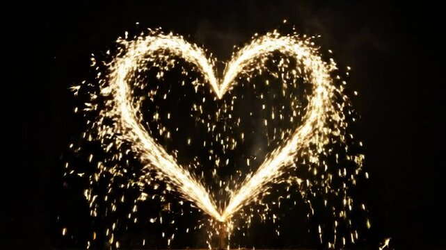 Golden heart shaped fireworks sequence on black background