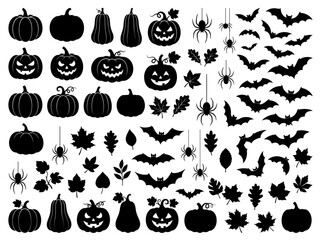 Fototapeta premium Halloween vector silhouettes with carved jack-o'-lanterns, pumpkins, flying bats, dangling spiders, and autumn leaves. Black icons isolated on white for festive seasonal graphic.ai