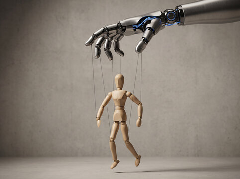 Robot manipulating a wooden human puppet with strings. Human dependence on artificial intelligence concept