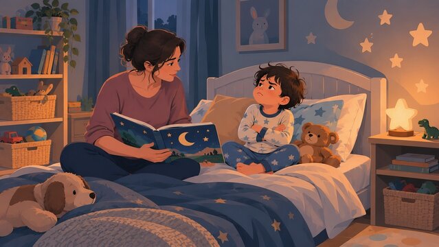 Child resisting bedtime while a parent maintains a calm evening routine