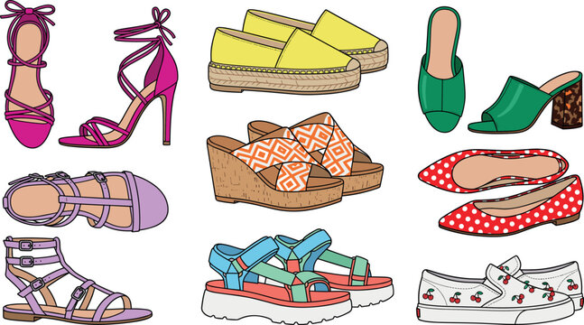Women Summer Footwear Vector Icon Set Featuring High Heels Strappy Sandals Espadrilles Wedges Mules Platform Sandals Flats and Cherry Print Slip Ons