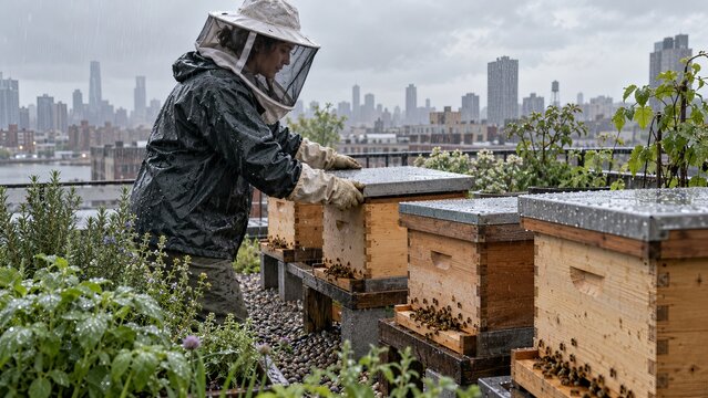 Urban beekeeper securing hive covers during a sudden rain shower